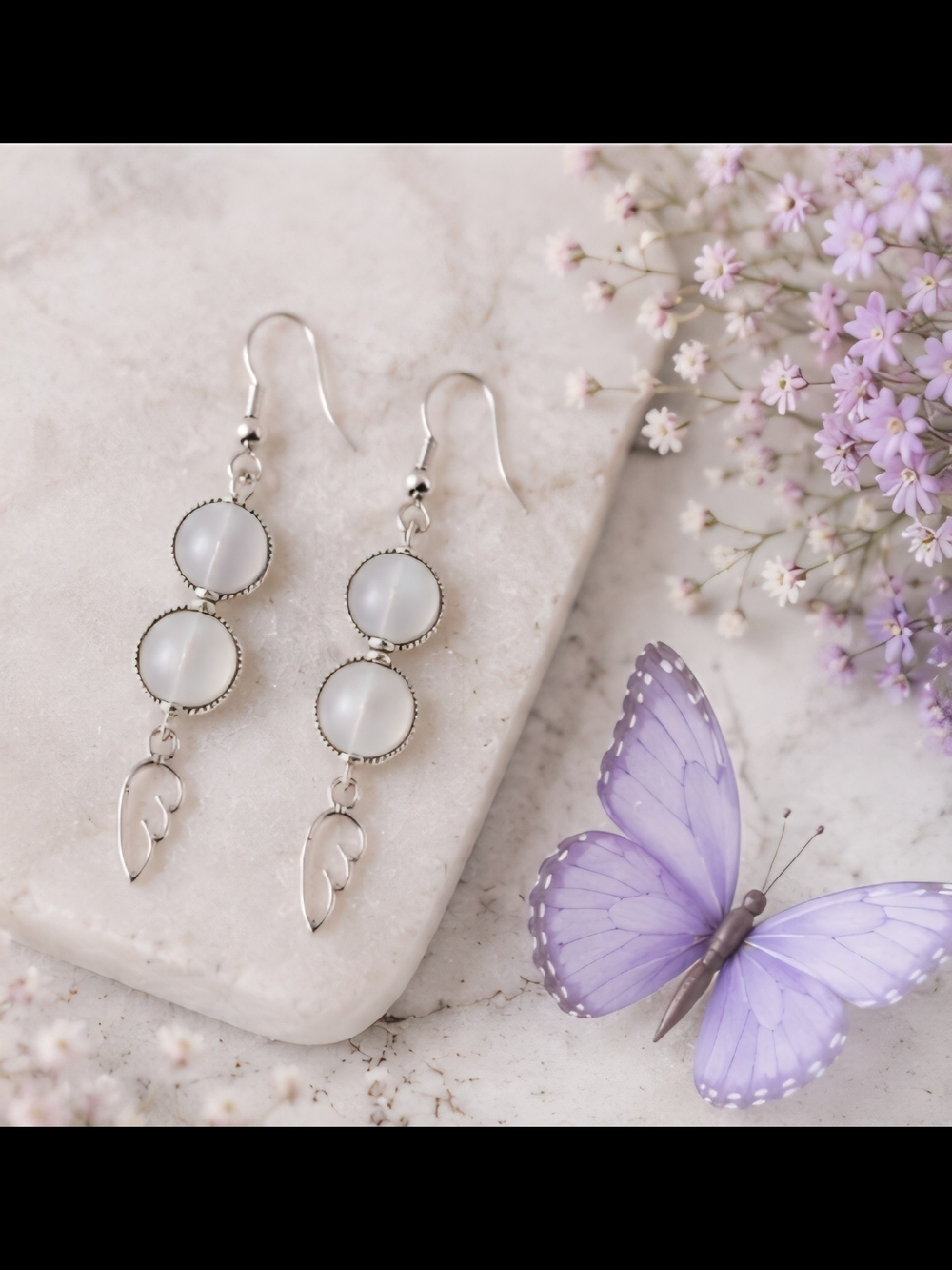 Silver-Tone White Double Disc Drop Earrings with Wing Charm